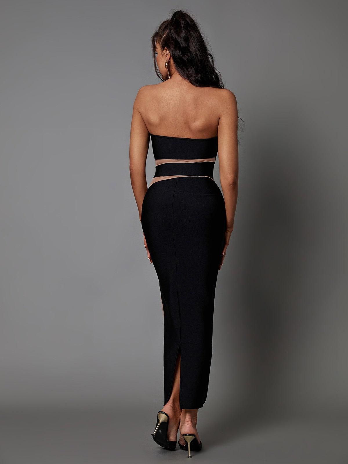 Bandage Strapless Mesh Insert Bodycon Midi Dress