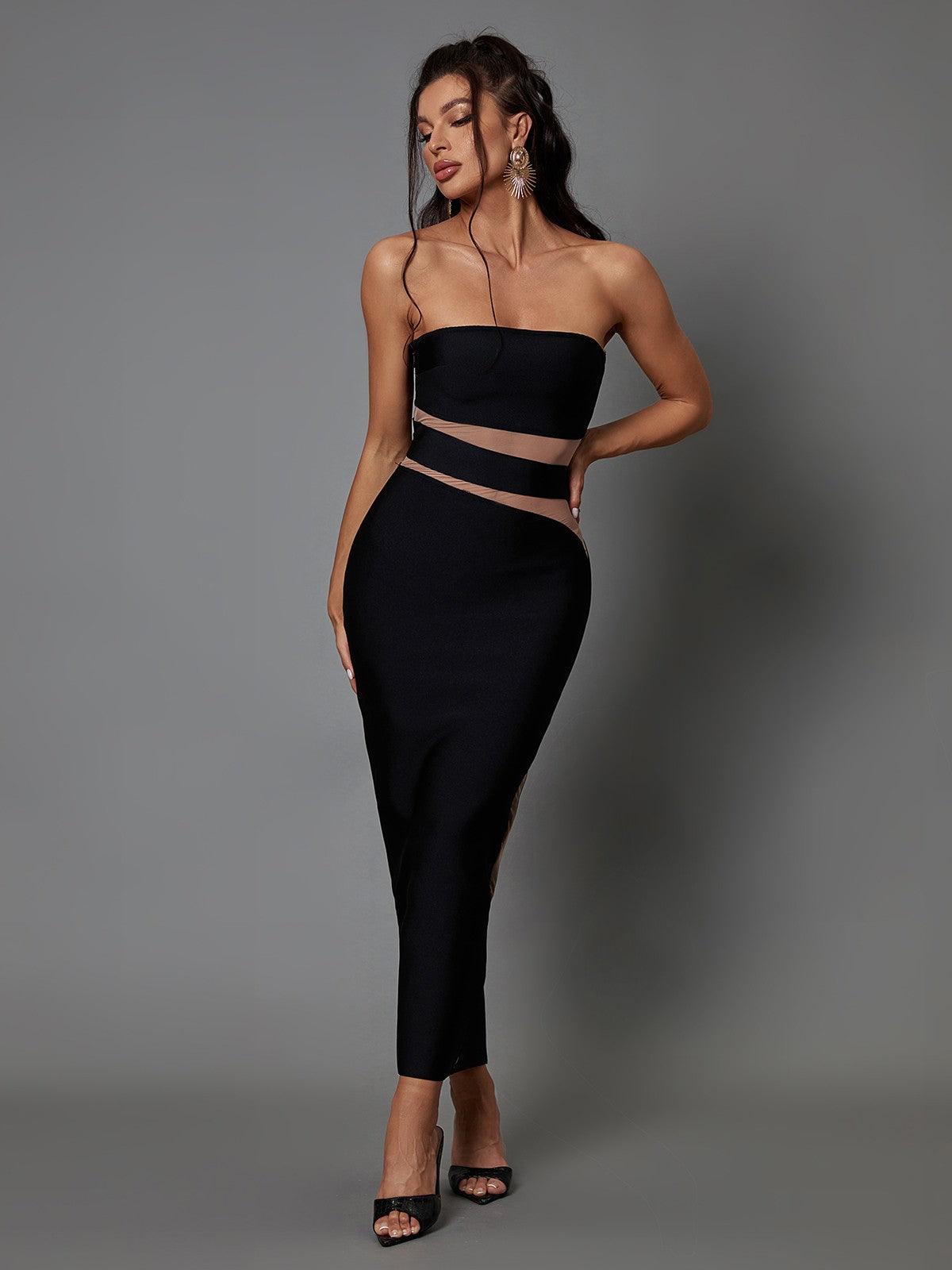 Bandage Strapless Mesh Insert Bodycon Midi Dress
