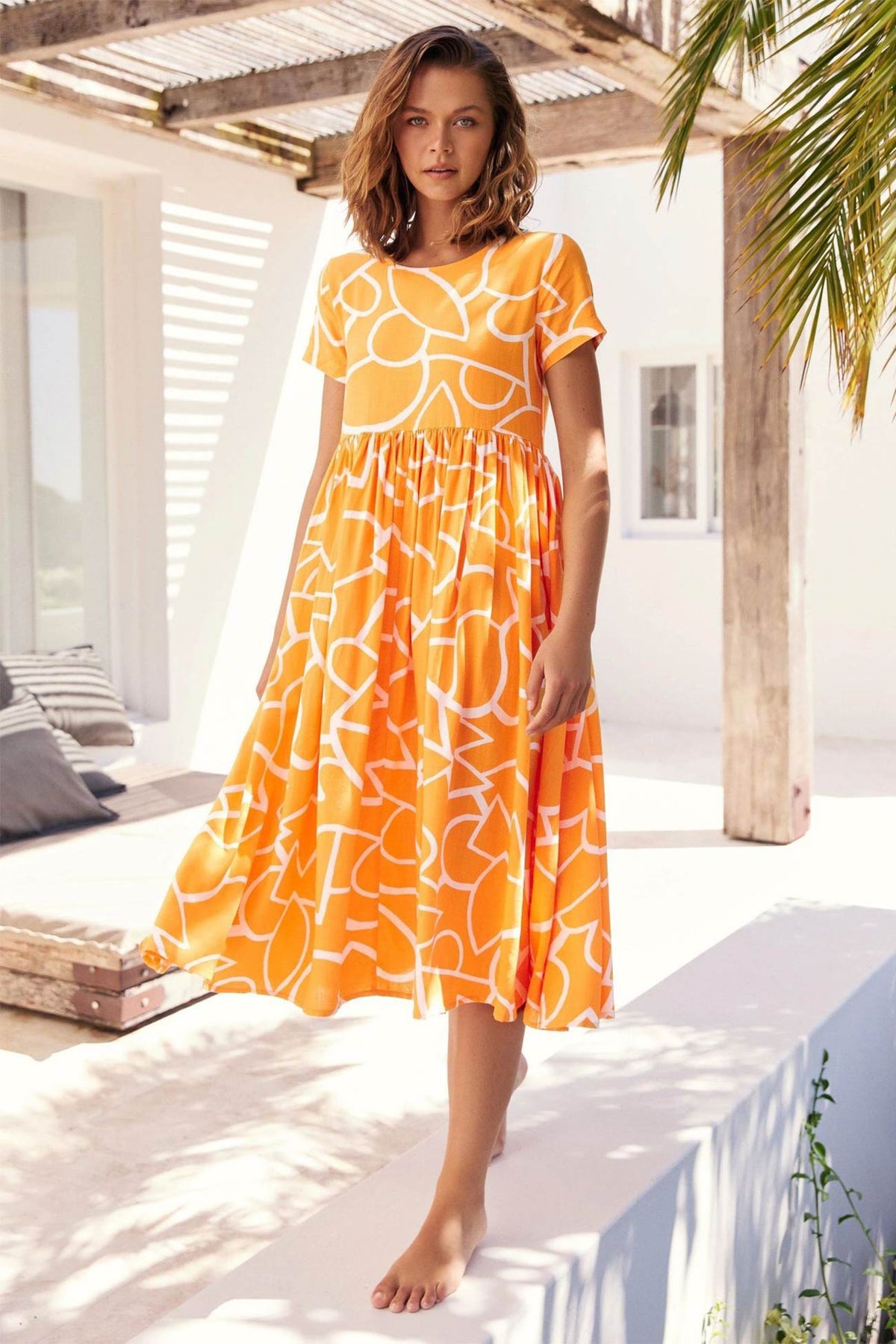 Geometric Print Crew Neck Short Sleeve Gathered Waist Smock Midi Dress 4