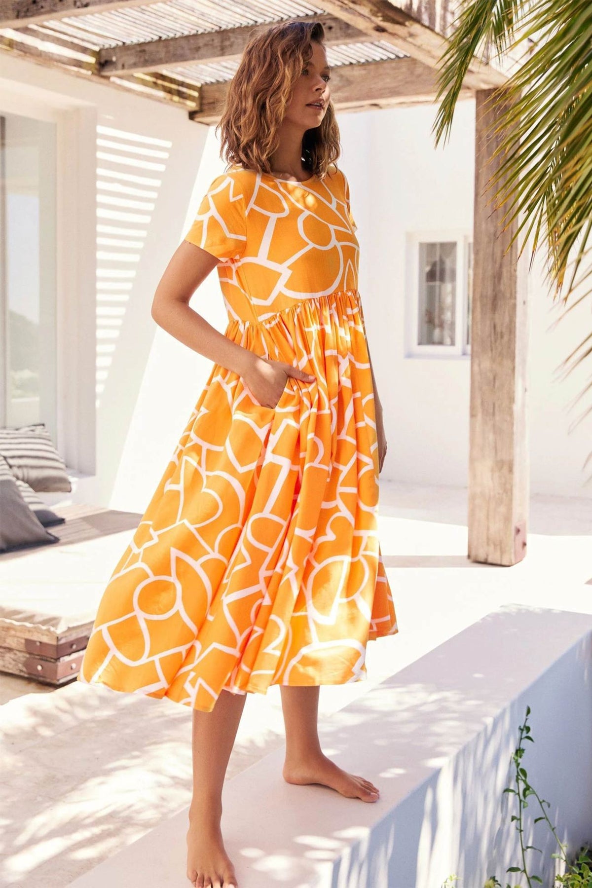 Geometric Print Crew Neck Short Sleeve Gathered Waist Smock Midi Dress 6