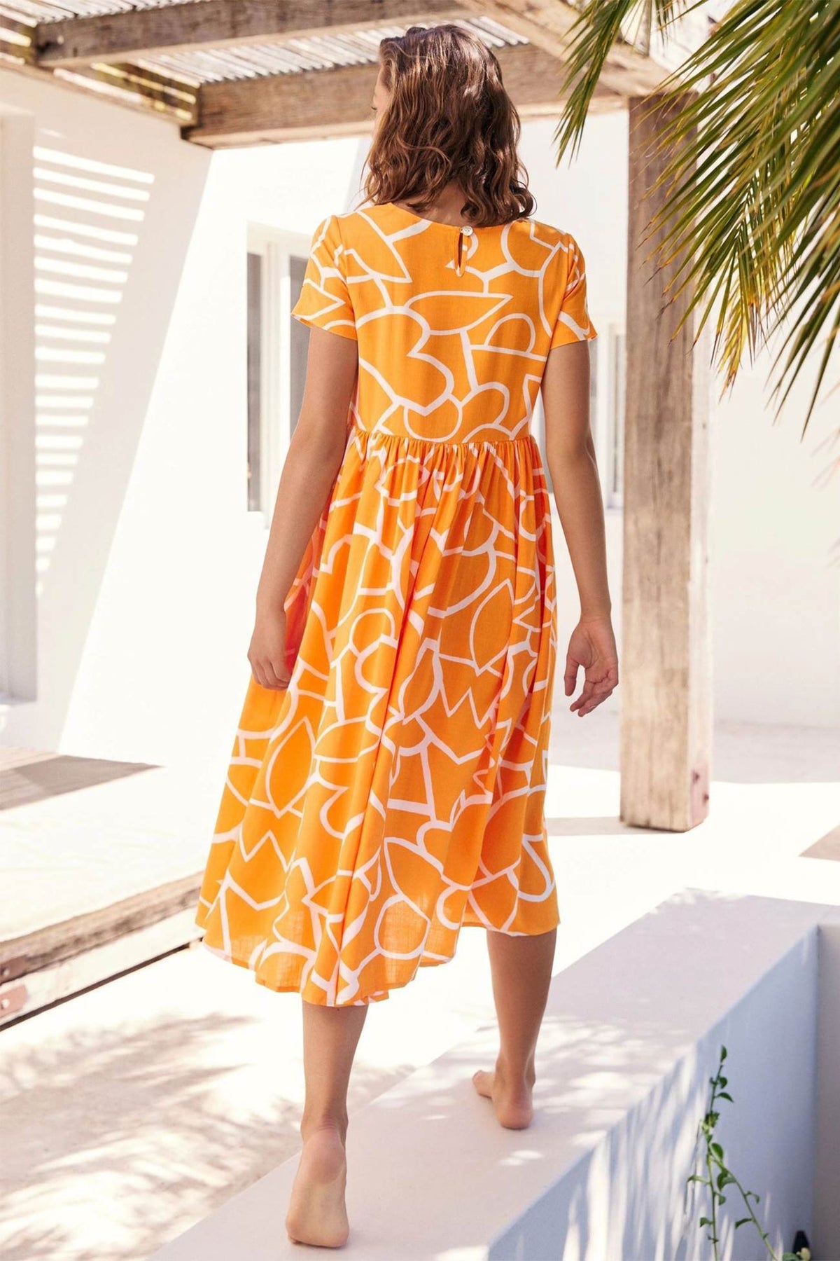 Geometric Print Crew Neck Short Sleeve Gathered Waist Smock Midi Dress 5