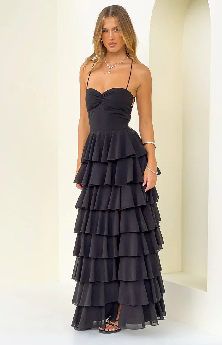 Sweetheart Spaghetti Strap Tiered Ruffle High Split Maxi Dress 4