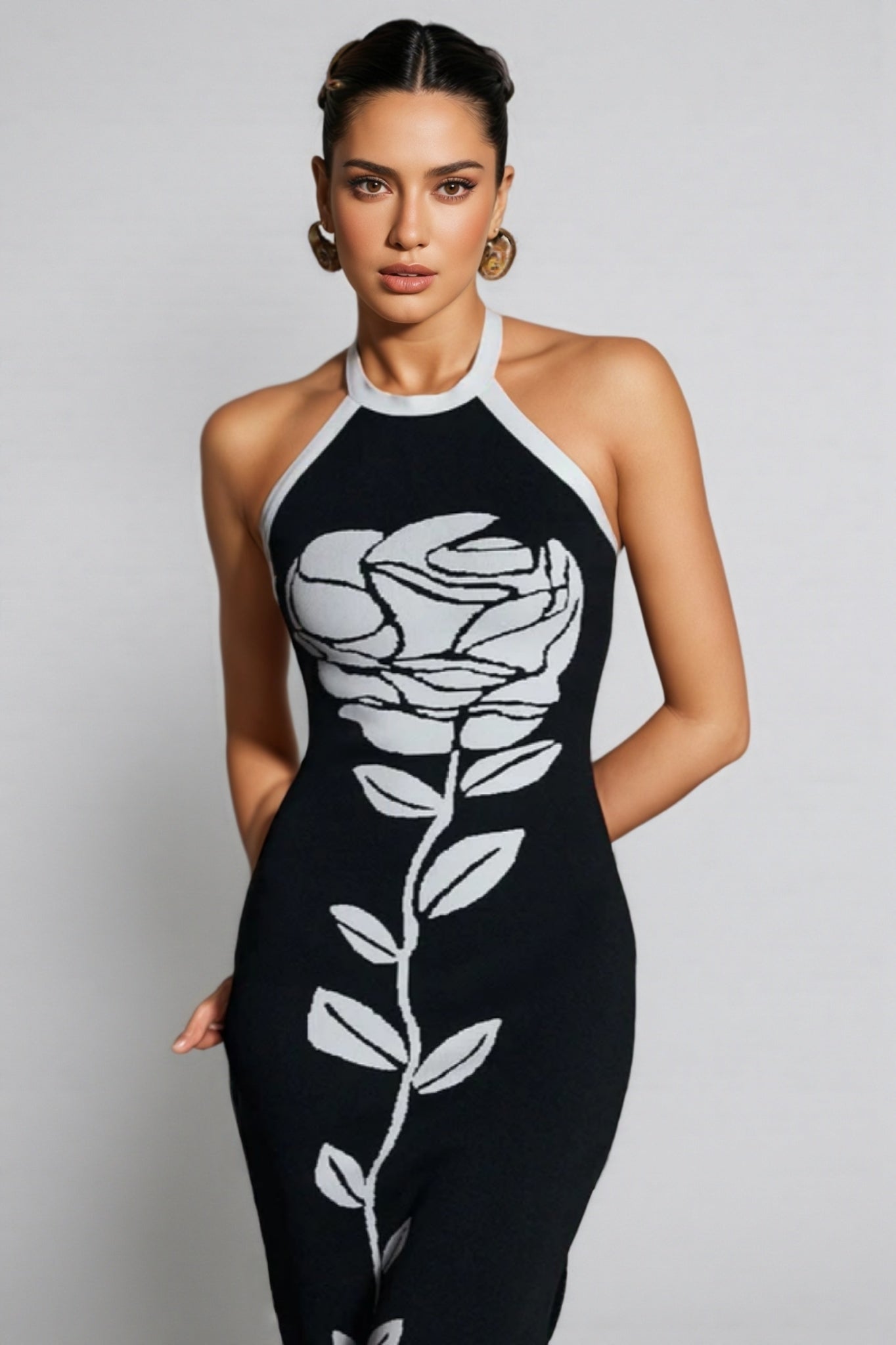Floral Halter Neck Bandage Bodycon Midi Dress