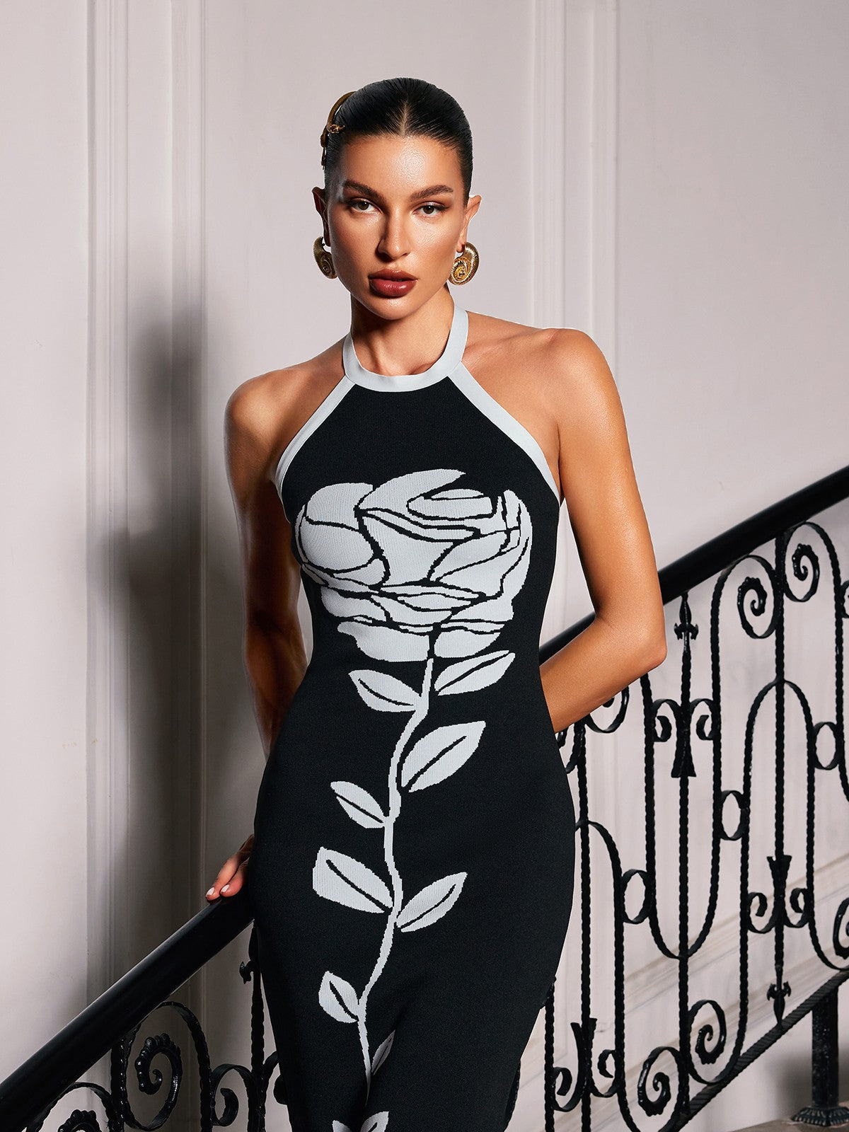 Halter Neck Rose Print Bodycon Knit Midi Dress