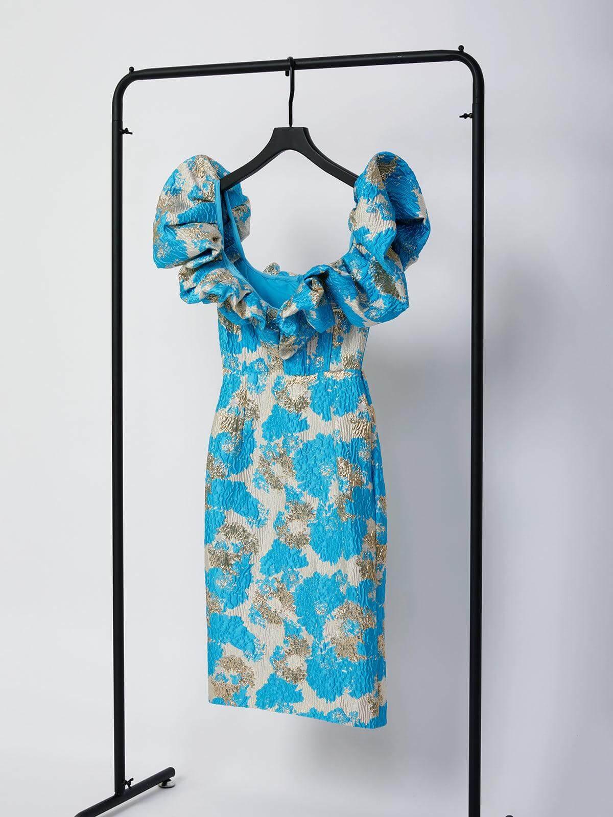 Jacquard Off Shoulder Puff Sleeve Sweetheart Bodycon Midi Dress