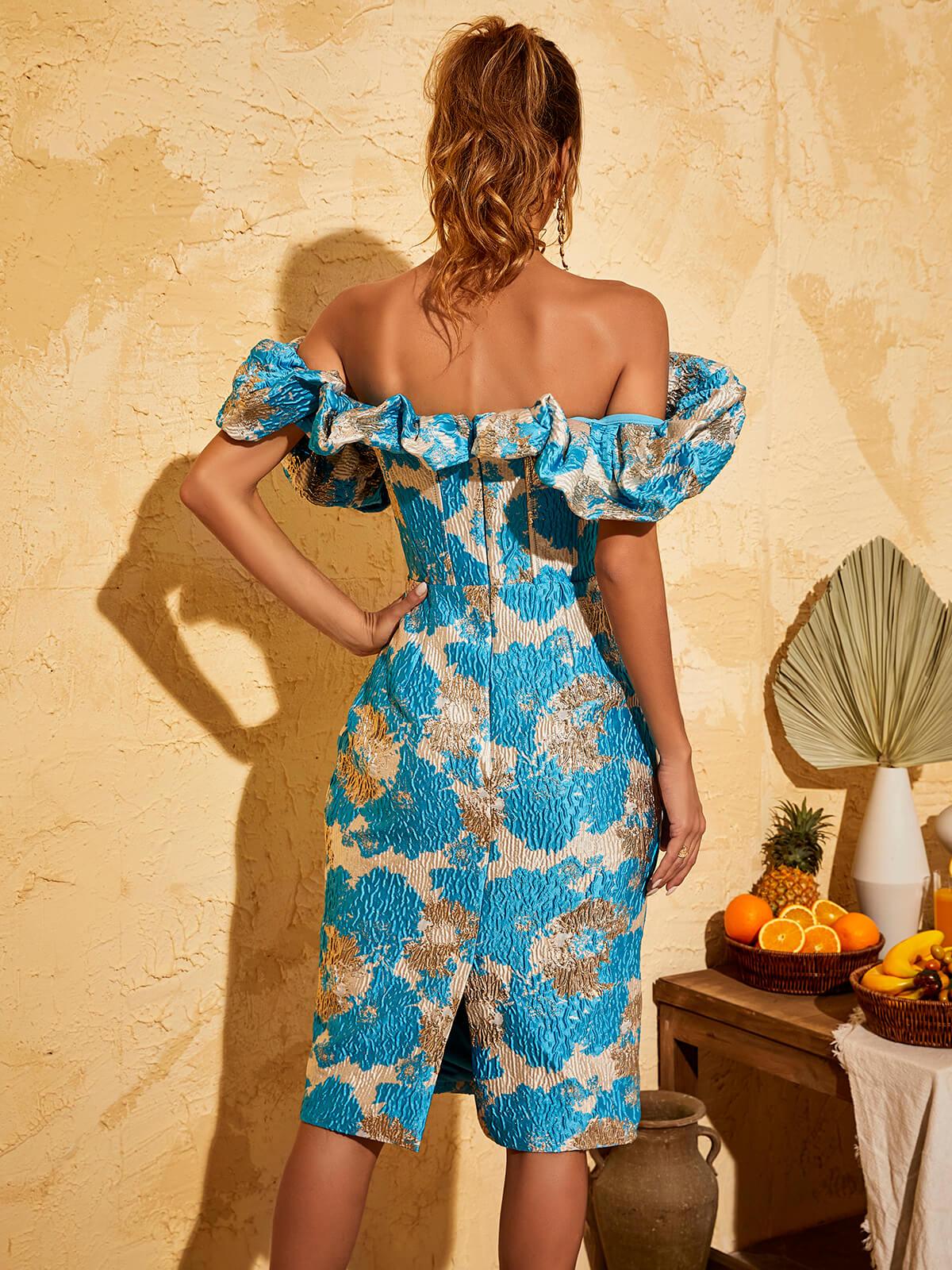 Jacquard Off Shoulder Puff Sleeve Sweetheart Bodycon Midi Dress