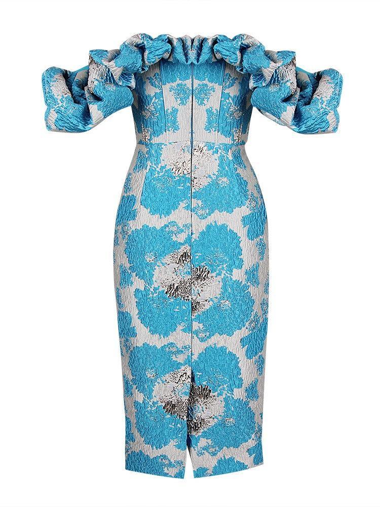 Jacquard Off Shoulder Puff Sleeve Sweetheart Bodycon Midi Dress
