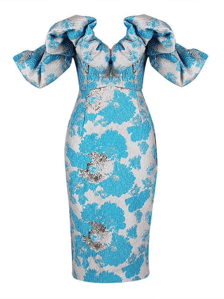 Jacquard Off Shoulder Puff Sleeve Sweetheart Bodycon Midi Dress