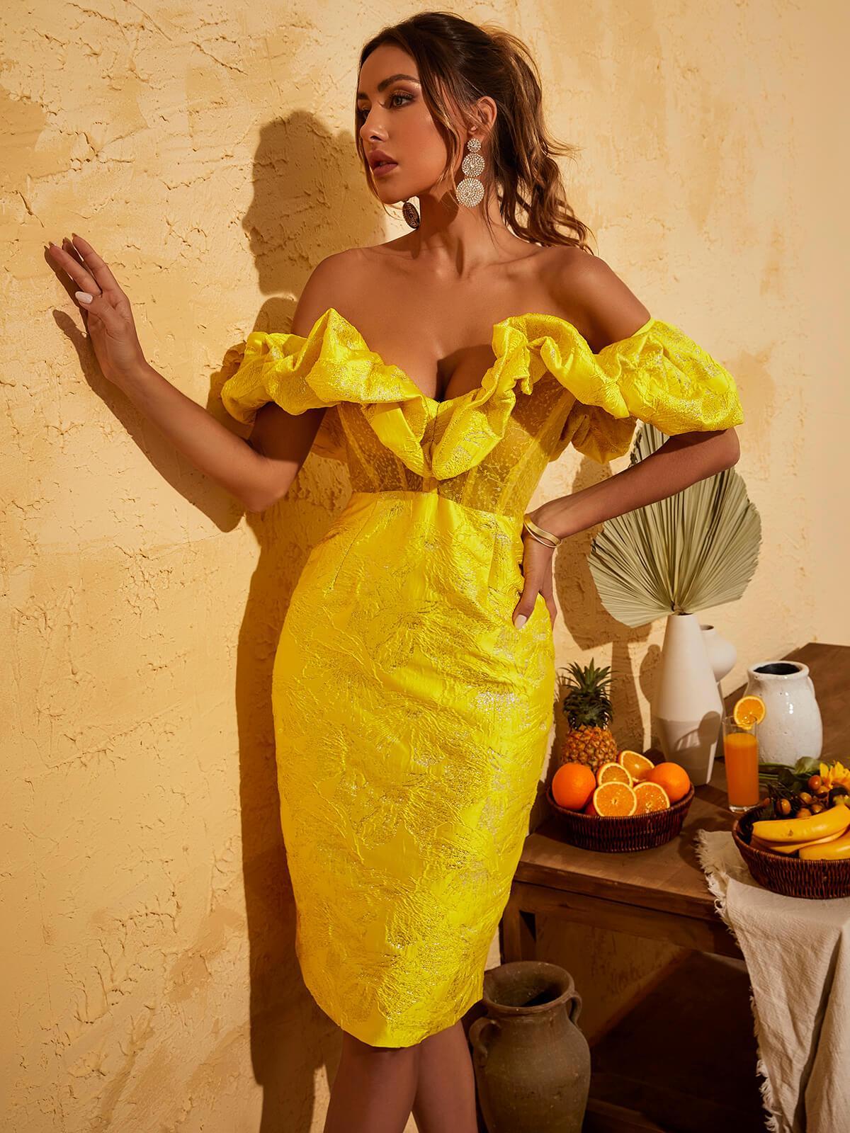 Jacquard Off Shoulder Ruffle Sweetheart Bodycon Midi Dress
