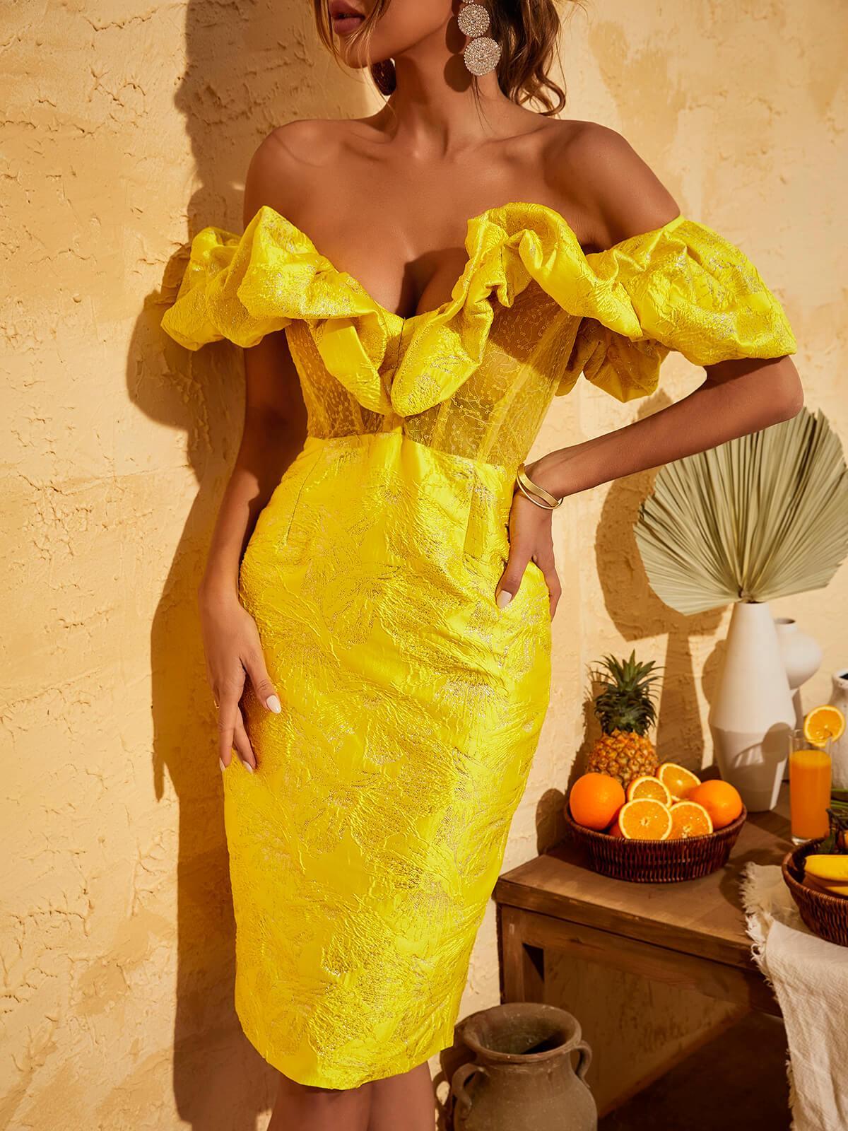 Jacquard Off Shoulder Ruffle Sweetheart Bodycon Midi Dress