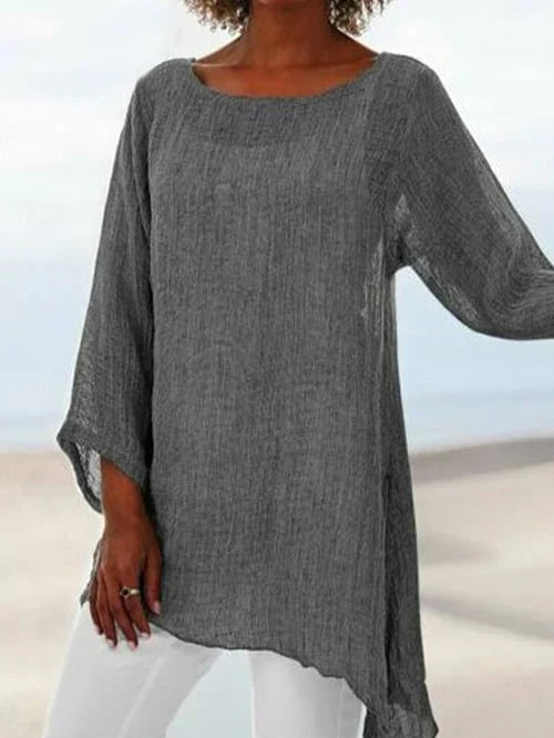 Round Neck Long Sleeve Asymmetrical Hem Tunic Top