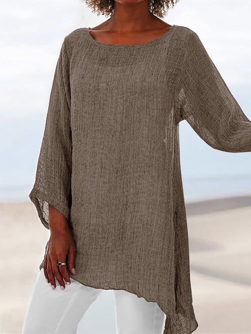 Round Neck Long Sleeve Asymmetrical Hem Tunic Top