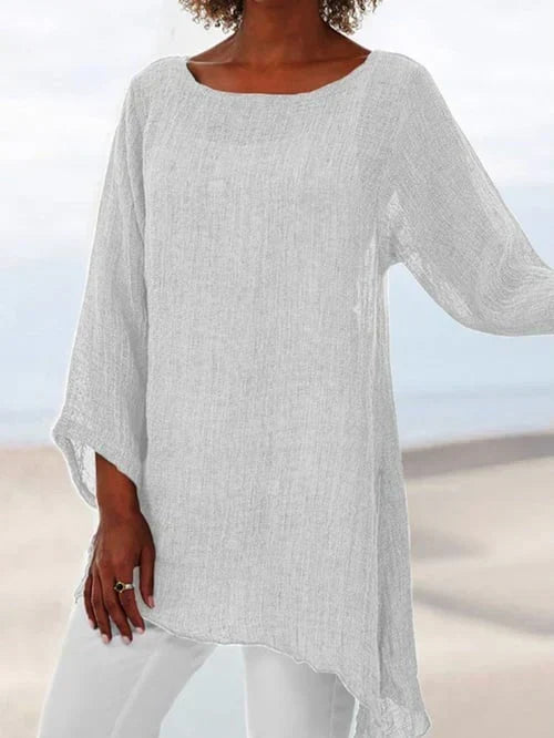 Round Neck Long Sleeve Asymmetrical Hem Tunic Top