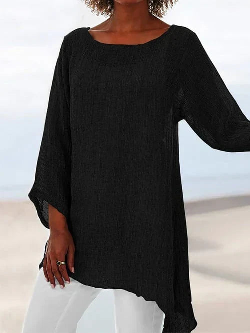 Round Neck Long Sleeve Asymmetrical Hem Tunic Top