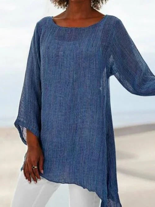 Round Neck Long Sleeve Asymmetrical Hem Tunic Top