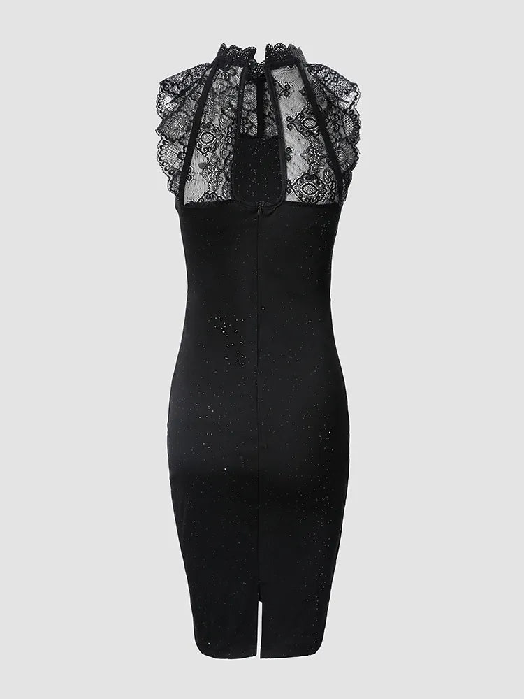 Glitter Lace High Neck Sleeveless Bodycon Cocktail Dress