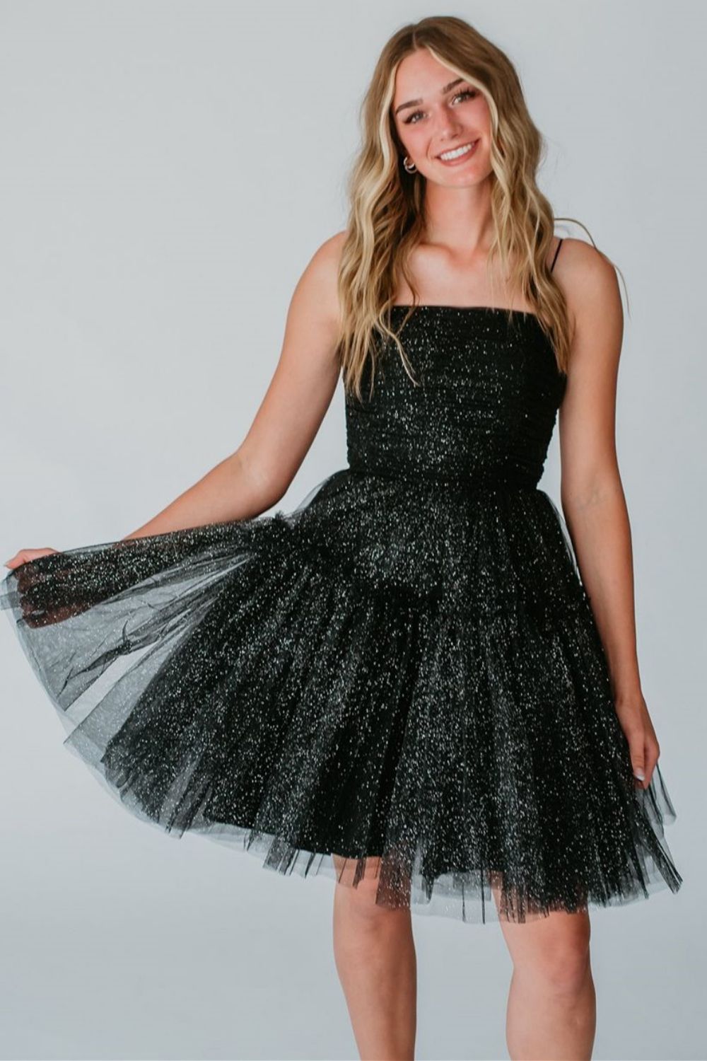 Glitter Black A-Line Spaghetti Straps Lace Up Short Tulle Homecoming Dress