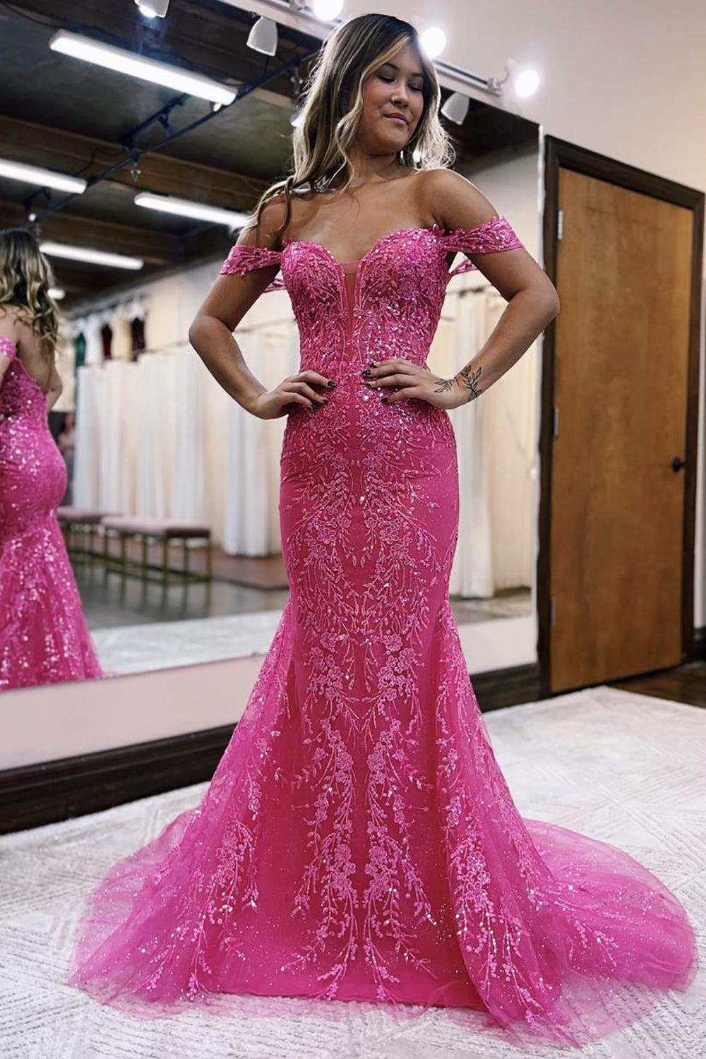 Stylish Fuchsia Long Mermaid Off The Shoulder Prom Dress With Appliques