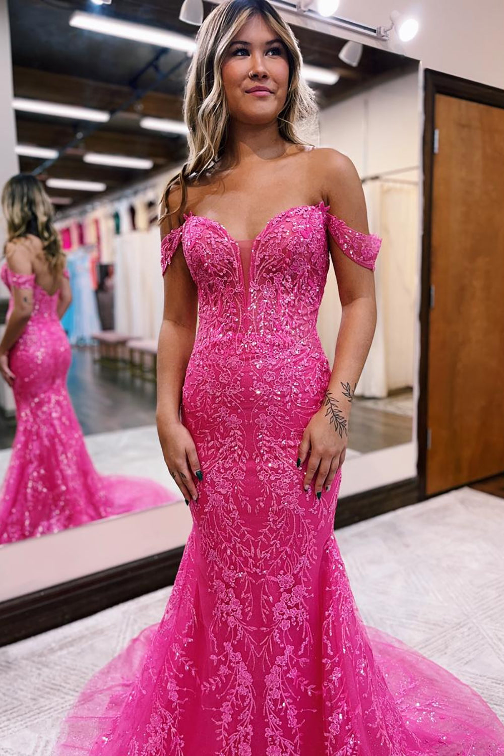 Stylish Fuchsia Long Mermaid Off The Shoulder Prom Dress With Appliques