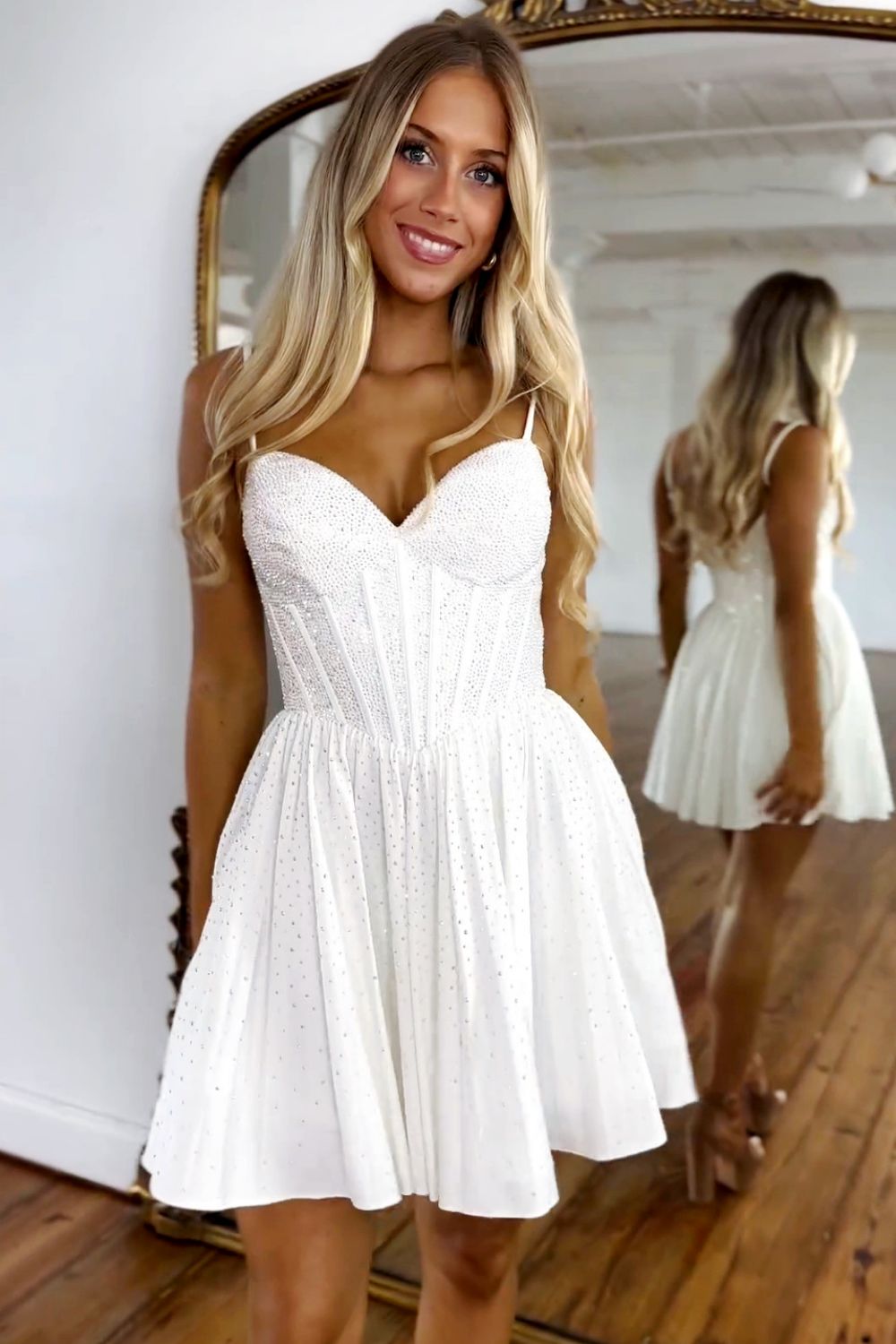 Glitter White A-Line Spaghetti Straps Short Beaded Homecoming Dress
