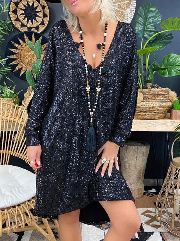 oversized sequin dress Deep V-Neck Long Sleeve Shift Mini Party Size:L-14 twist detail at the mikerose FKELYI Womens Fall Maxi
