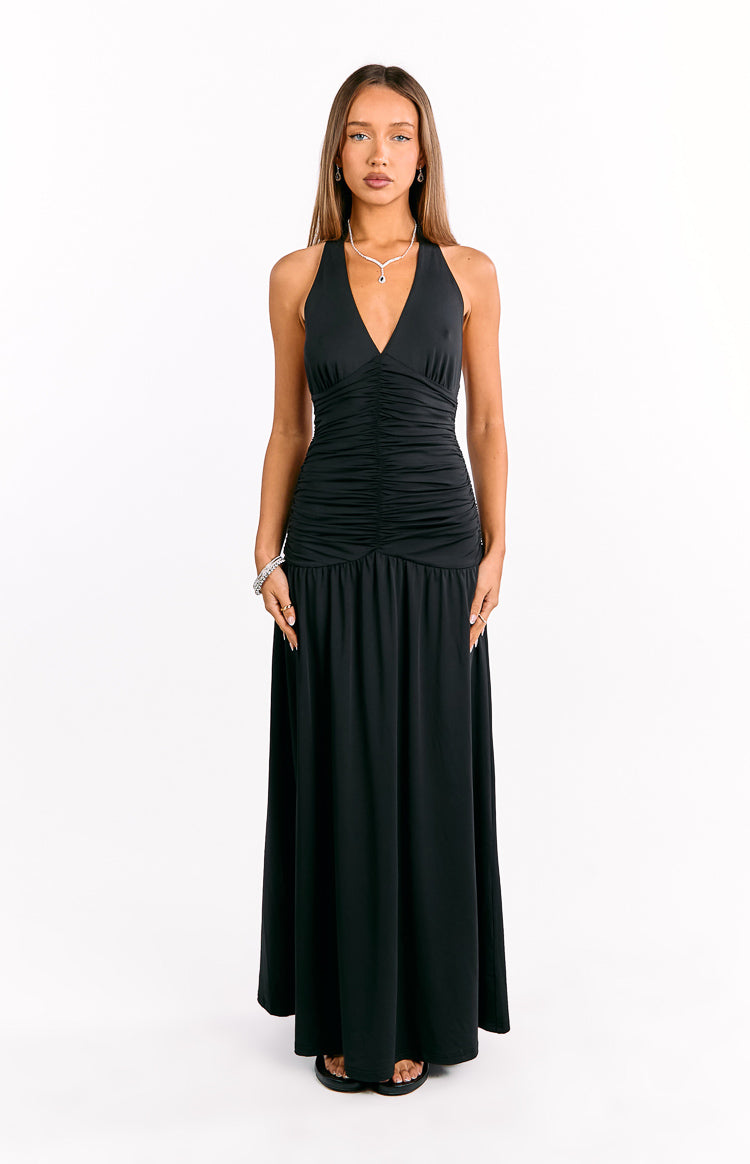 Ruched Bodice Halter V-Neck Drop Waist Maxi Dress 2