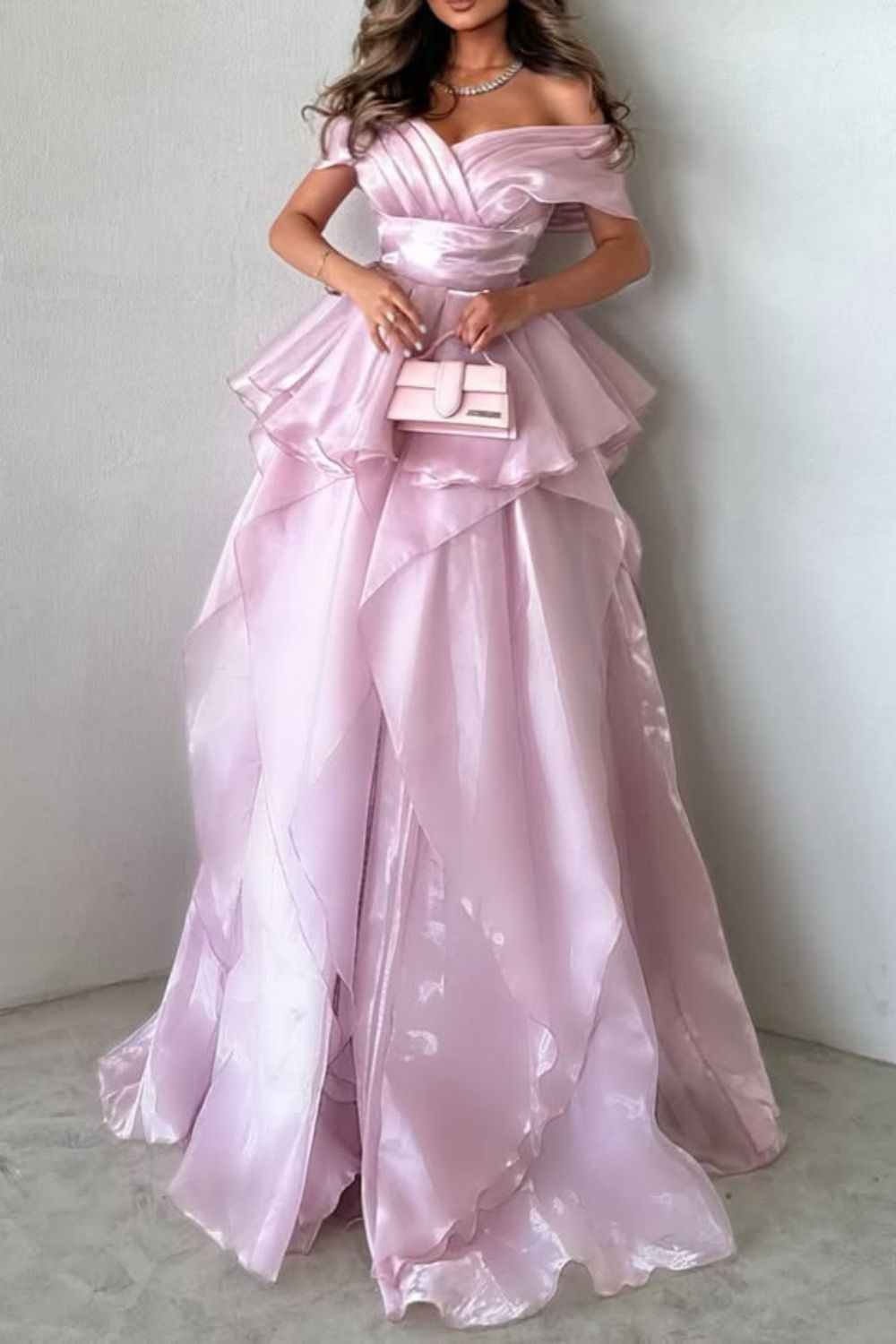 Gorgeous A-Line Pink Off The Shoulder Long Ruffle Formal Party Dress
