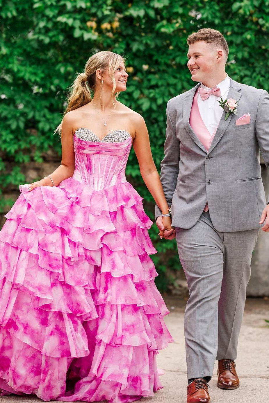 Gorgeous A Line Sweetheart Pink Printed Corset Prom Dress with Beading Ruffles