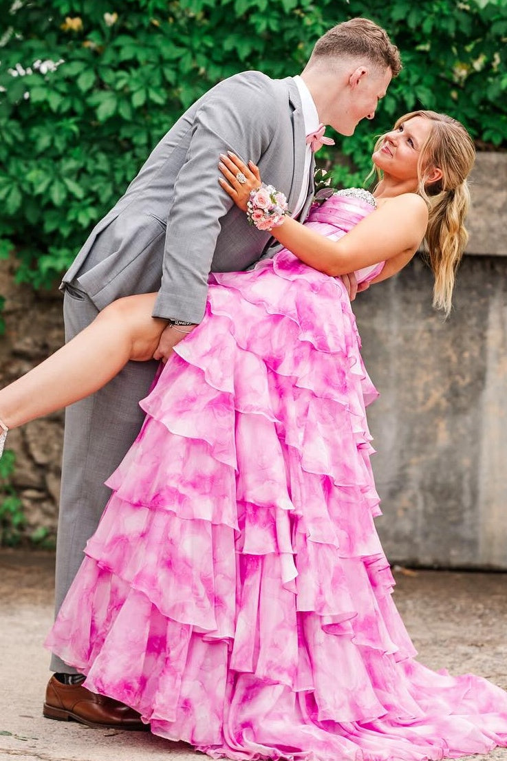 Gorgeous A Line Sweetheart Pink Printed Corset Prom Dress with Beading Ruffles