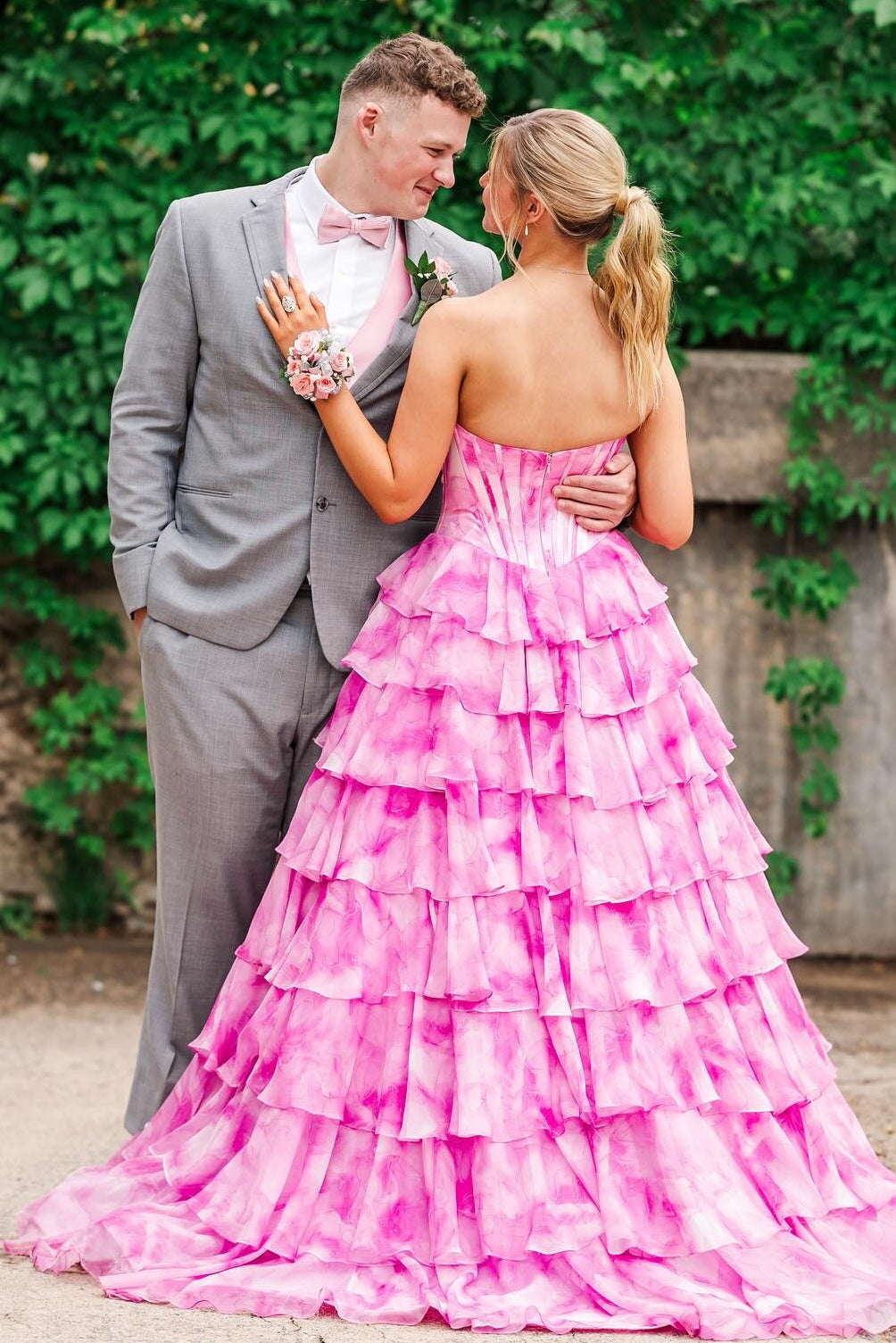 Gorgeous A Line Sweetheart Pink Printed Corset Prom Dress with Beading Ruffles