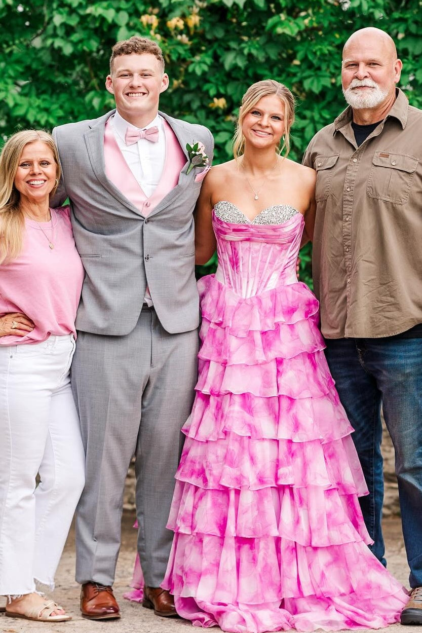 Gorgeous A Line Sweetheart Pink Printed Corset Prom Dress with Beading Ruffles
