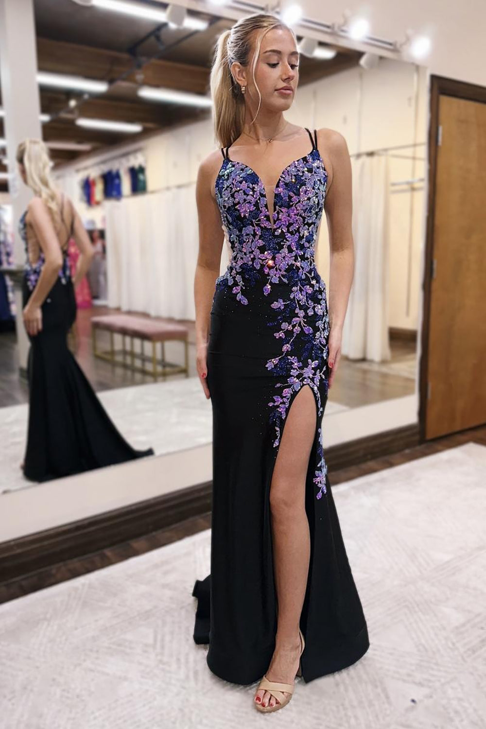 Glitter Mermaid Spaghetti Straps Lace Up Long Prom Dress With Appliques