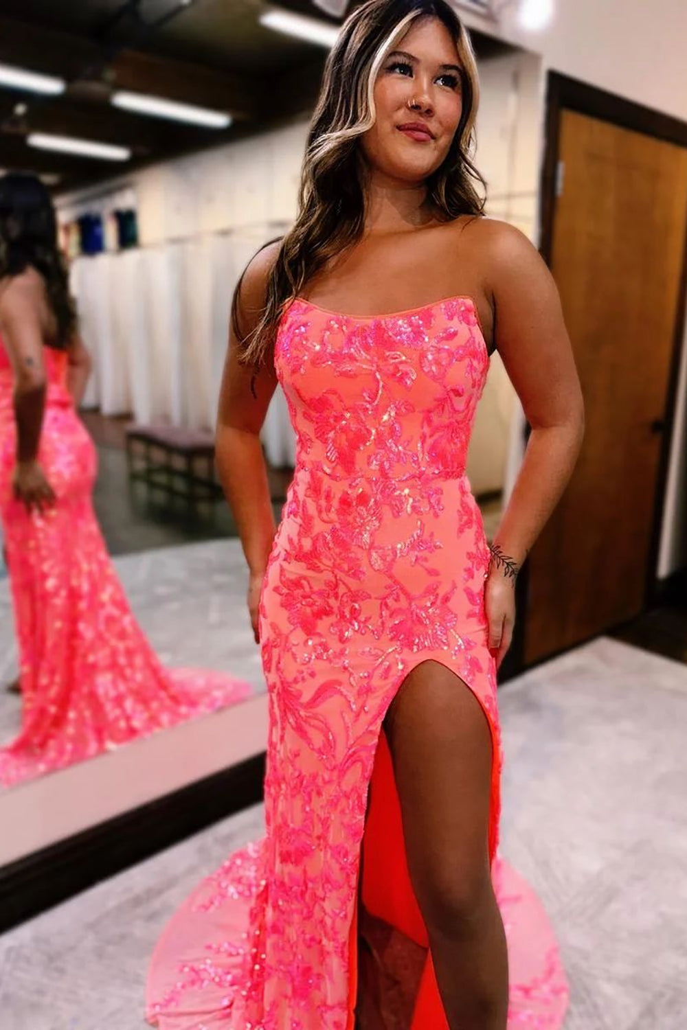Sequin Mermaid Strapless Lace Up Long Prom Dress With Slit