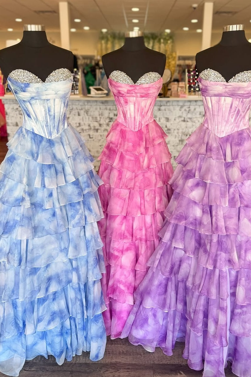Gorgeous A Line Sweetheart Pink Printed Corset Prom Dress with Beading Ruffles