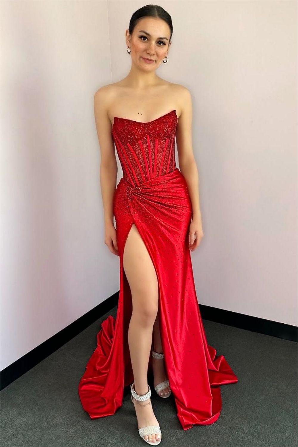 Gorgeous Gold Mermaid Strapless Long Beaded Prom Dress With High Slit