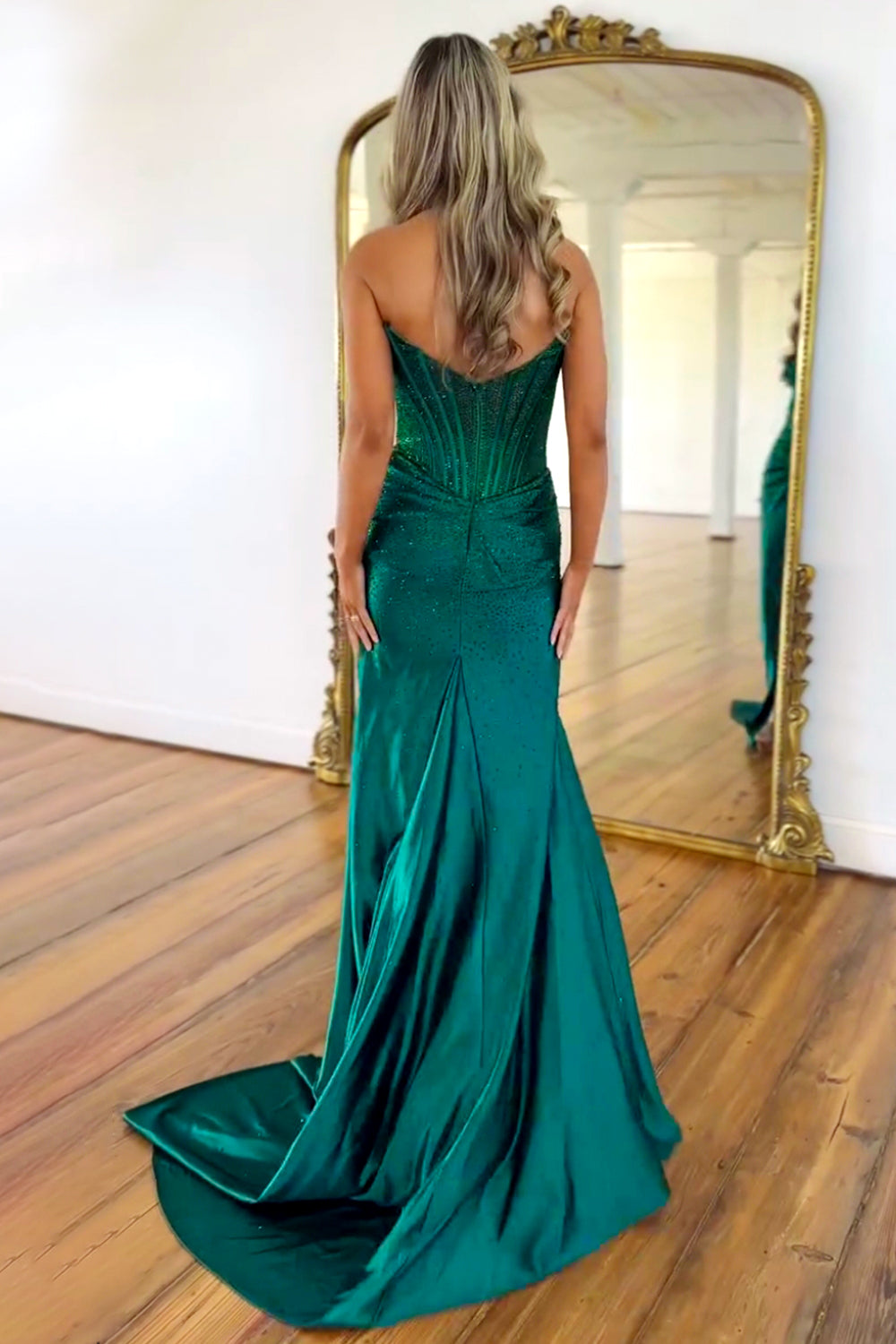 Gorgeous Gold Mermaid Strapless Long Beaded Prom Dress With High Slit