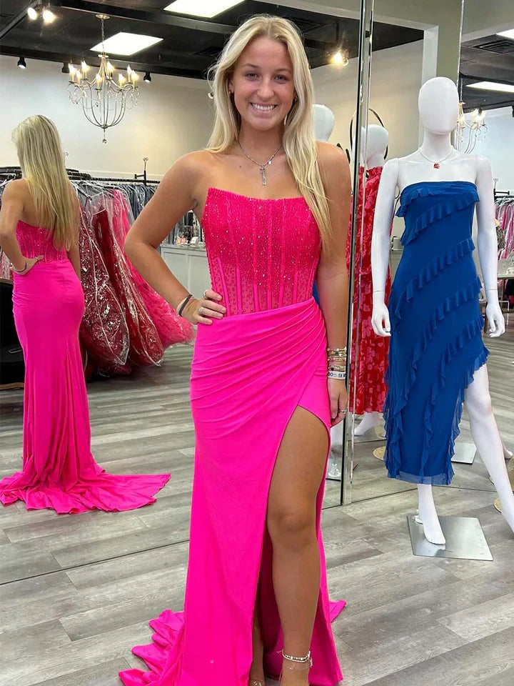 Royal Blue Mermaid Strapless Beaded Top Long Satin Prom Dress