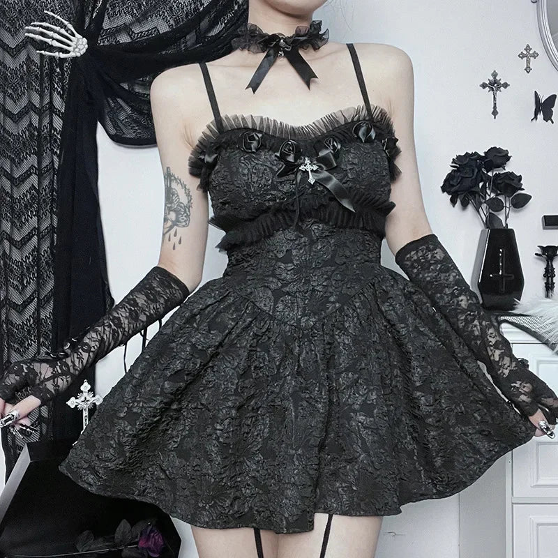 Lace Corset Spaghetti Strap Ruffle A-Line Mini Dress