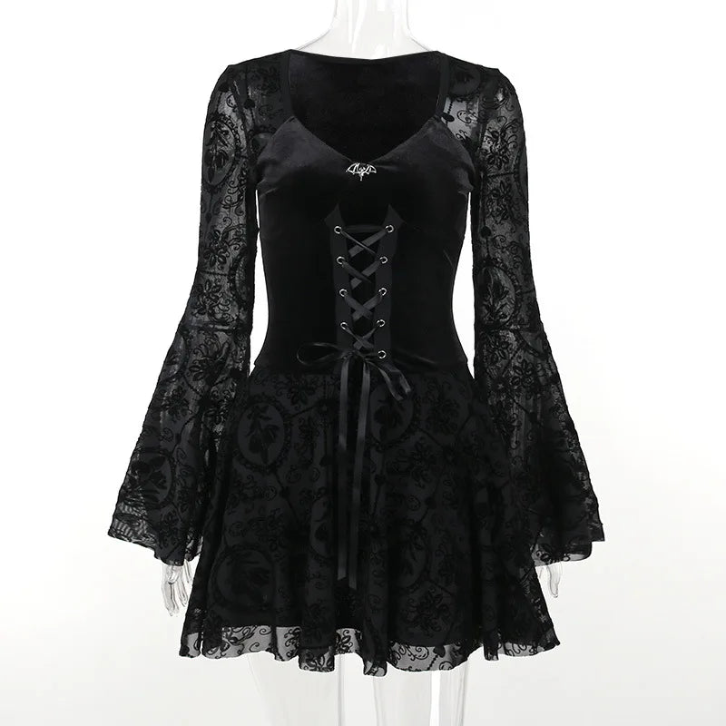 Velvet Corset Lace Up Lace Bell Sleeve A-Line Mini Dress