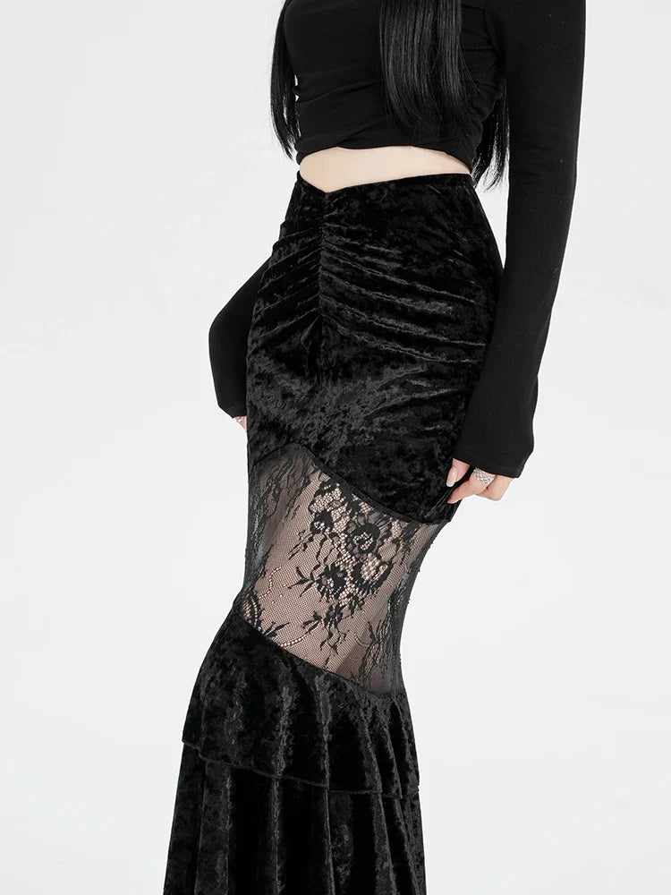 Goth Velvet Lace Maxi Skirt
