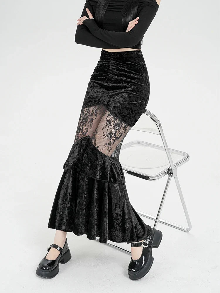 Goth Velvet Lace Maxi Skirt