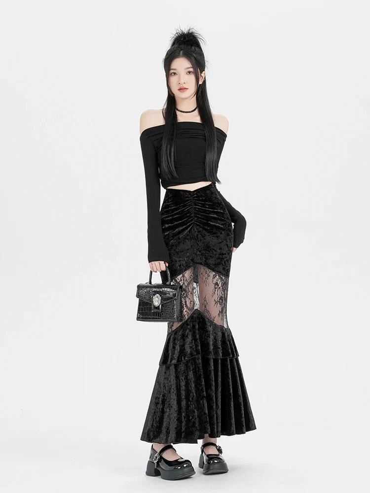 Goth Velvet Lace Maxi Skirt