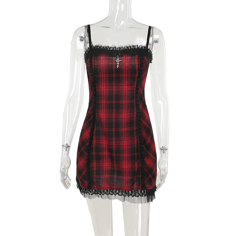 Gothic High Waist Plaid Halter Vintage Retro Grunge Aesthetics Contrast Swing Party Dress Red / M