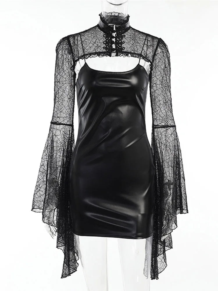Spider Web Lace Mock Neck Flared Sleeve Shrug Crop Top 6