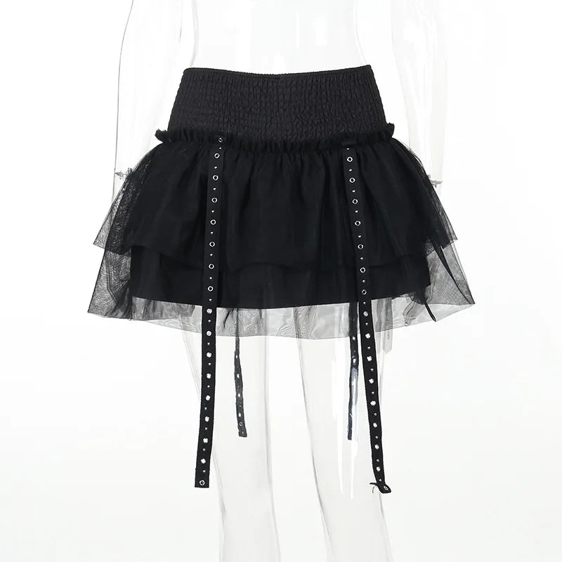Tiered Tulle Smocked Waist Grommet Strap Mini Skirt