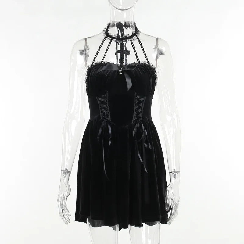 Velvet Halter Neck Lace Up Corset Fit and Flare Mini Dress