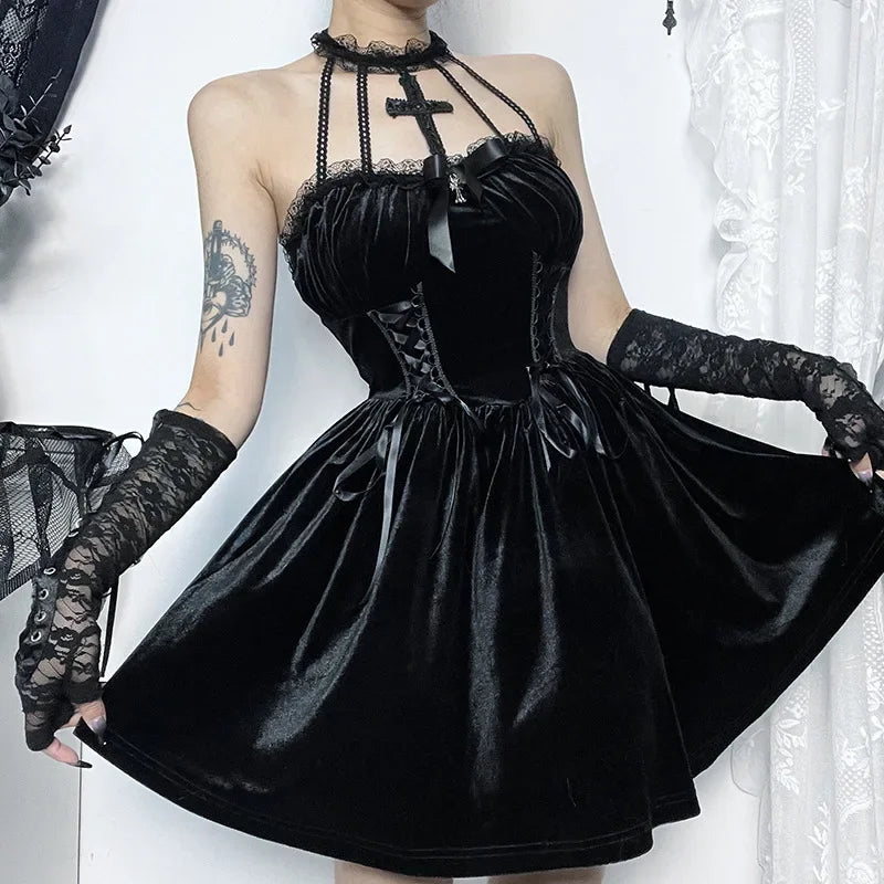 Velvet Halter Neck Lace Up Corset Fit and Flare Mini Dress