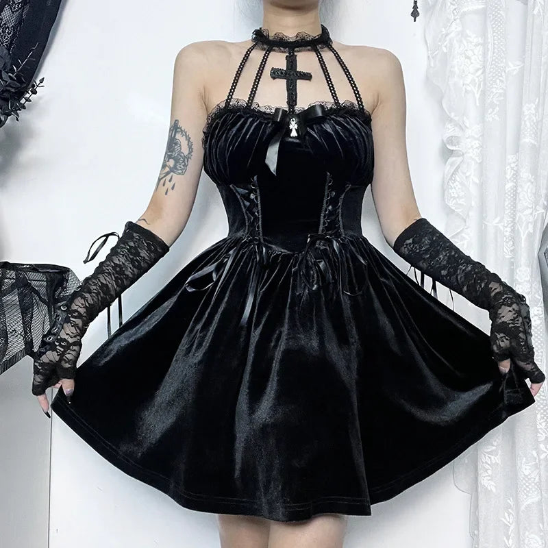 Velvet Halter Neck Lace Up Corset Fit and Flare Mini Dress