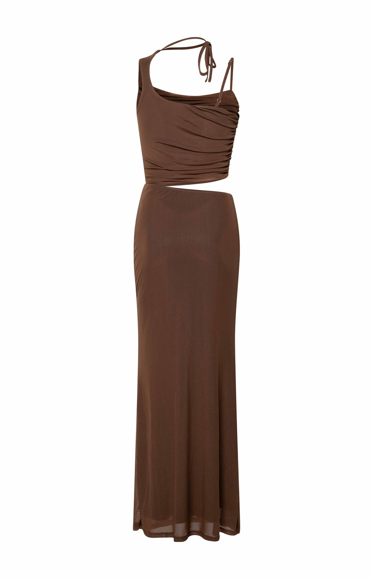 Graciela Brown Tie Neck Mesh Maxi Dress