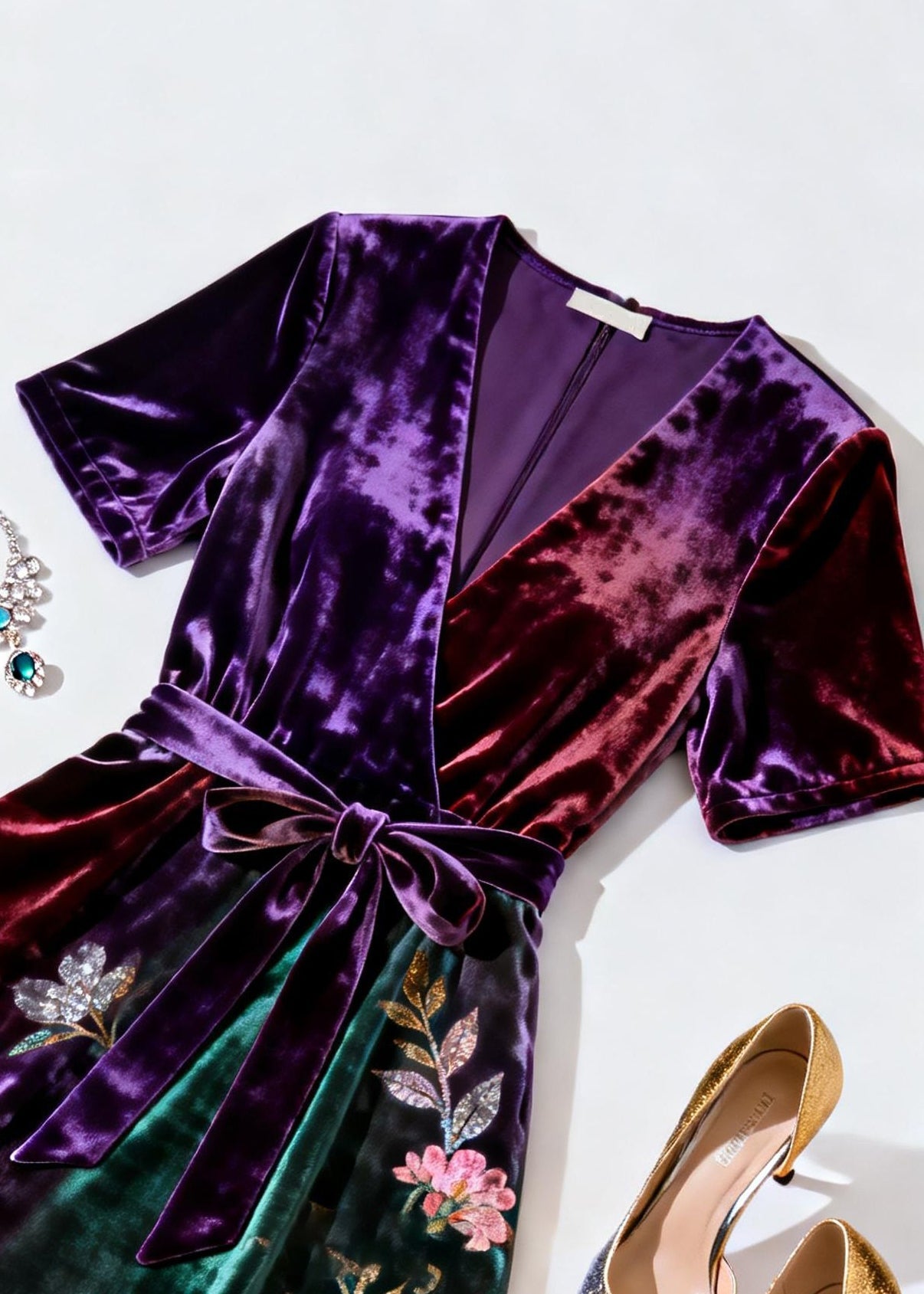 Velvet Wrap V-Neck Short Sleeve Sequin Floral Embroidered A-Line Midi Dress